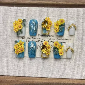 <span class=keywords><strong>Uñas</strong></span> Postizas al por Mayor, Hechas a Mano, Coloridas, con Diseño de <span class=keywords><strong>Girasol</strong></span>, Forma Corta, Acrílicas, con Detalles de Osmanthus - Product Image 2