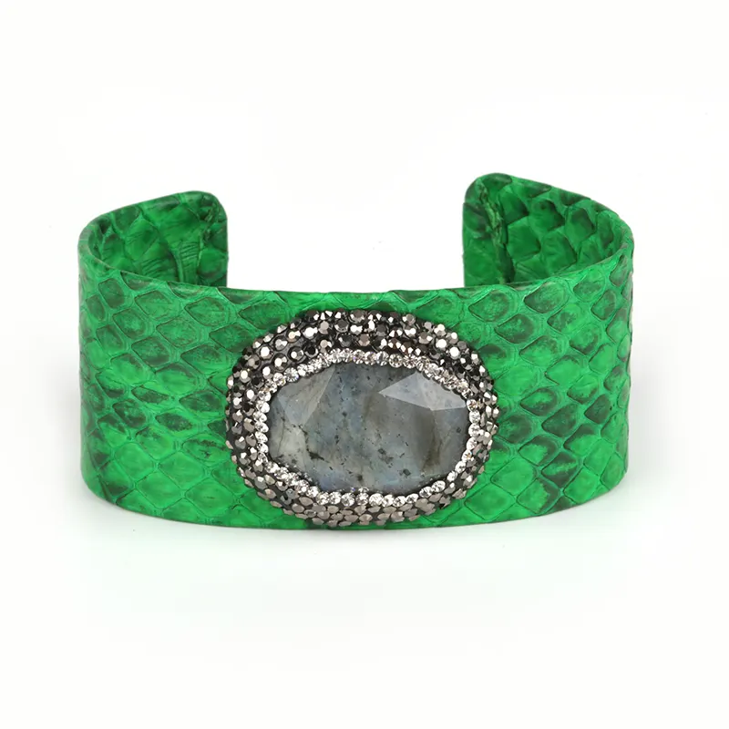 Pulseira masculina de couro, bracelete com pingente verde, cobra, pedras brilhantes, bracelete real