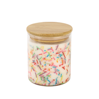 Grande bougie en cire de soja à double mèche de 750 g avec des confettis colorés, couvercle en bambou, bougie parfumée amusante pour les fêtes