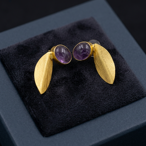 Boucles d'oreilles pendantes en laiton plaqué or 18 carats avec améthyste naturelle, motif feuille ovale, bijoux religieux mignons pour femmes, idéales pour les fêtes - Product Image 3
