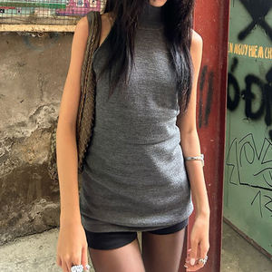 Gilet en tricot à col montant sans manches pour femme, couleur unie, dos nu, mi-long, simple et élégant, haut de base - Product Image 4