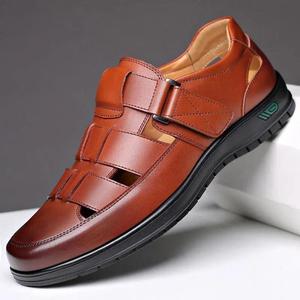 Sandales pour hommes en cuir véritable à brides croisées, bout fermé, semelle en caoutchouc antidérapante, chaussures décontractées d'été, noires - Product Image 3