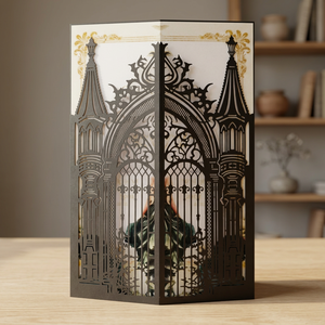 Carte d'invitation de mariage en dentelle noire découpée au laser, style château, en papier, style vintage européen, en stock - Product Image 3