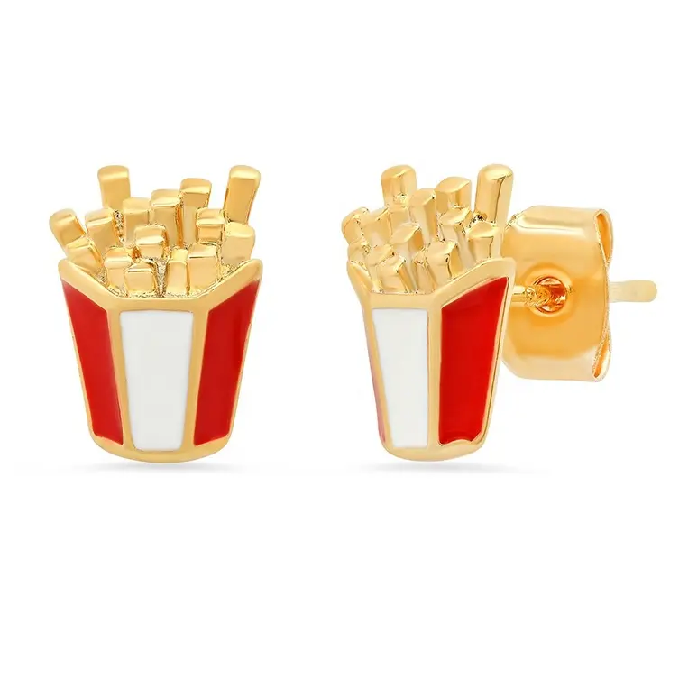 Trendy 18k gold plated 925 sterling silver enamel french fry studs kawaii enamel earrings