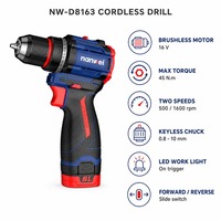 Perceuse-visseuse sans fil 16V, batterie lithium 1.5AH, couple 45N.m, vitesse variable, lumière LED, poignée en caoutchouc antidérapante
