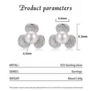 Pendientes de Perlas de Agua Dulce de Plata S925, Diseño Texturizado de Trébol, Joyería Elegante, Regalo para Mujer - Product Image 5
