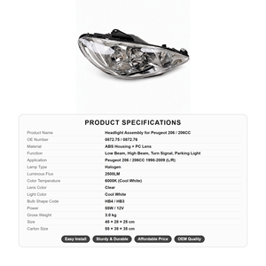 Phare avant de rechange de haute qualité OE 0872.75 0872.76 pour Peugeot <span class=keywords><strong>206</strong></span> & <span class=keywords><strong>206</strong></span> CC – Pièce de rechange pour réparation automobile - Product Image 4