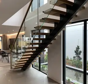 Floating Straight Stairs Central Spine Stair Middle Stringer Staircase with glass railing