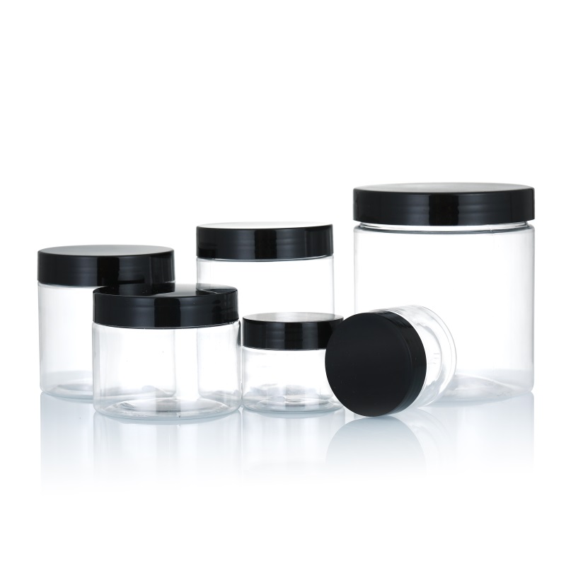 4oz 6oz 8oz food grade clear PET jar with white black PP aluminium wood grain lid plastic cans PET jar storage container