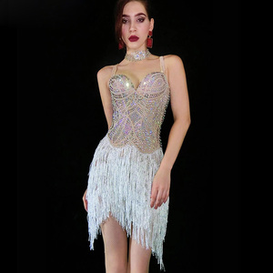 Body Sexy con flecos y borlas blancas para mujer, traje femenino con tirantes con diamantes de imitación, para <span class=keywords><strong>DJ</strong></span> <span class=keywords><strong>latino</strong></span>, baile de Pole Dancing - Product Image 1