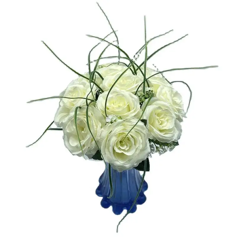 BS0076 produk grosir pernikahan kumpulan bunga buatan 12 kepala buatan putih buket mawar De Fleurs buatan