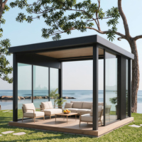Pérgola Motorizada de Aluminio con Rejillas, Gazebo con Puerta de Vidrio Templado para Villa de Lujo, Piscina y Jardín