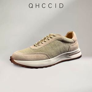 Chaussures de marche sportives en maille beige pour hommes, à lacets, respirantes, avec semelle intermédiaire en EVA et semelle extérieure en caoutchouc, en cuir véritable, amorties, printemps-automne - Product Image 1