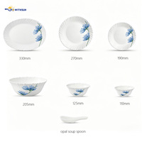 Service de table en verre opale 33 pièces, motif floral bleu, bord ondulé, assiettes, bols et cuillères en verre blanc, pour la salle à manger familiale et les fêtes