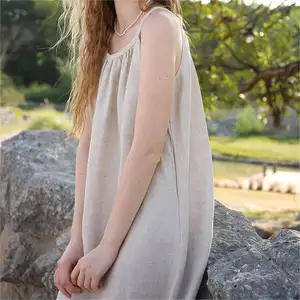 Custom Vintage Casual Summer Sleeveless Solid Loose Modest Crew Neck Button Tassel Maxi Long Low MOQ Lyocell Linen Dress Ladies