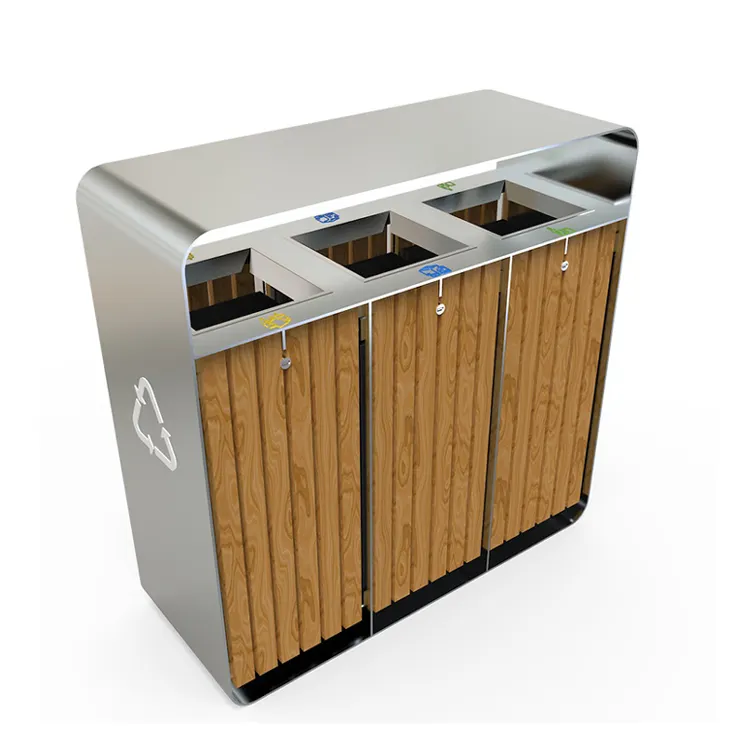 Fabricante Atacado Outdoor Luxo Lixo Bin Reciclagem Bin 3 Compartimentos Latas De Lixo De Metal Grande De Madeira