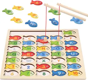 PT批发字母抓鱼计数游戏拼图数字和字母木制磁性幼儿钓鱼游戏