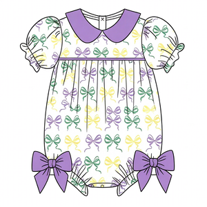 Tenues 2 pièces personnalisables pour bébés et petites filles, style boutique, à manches courtes, avec imprimé nœuds Mardi Gras, barboteuse bulle, style doux - Product Image 4