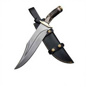 Cuchillos de Hoja Fija de Acero de Damasco con Mango de Asta de Ciervo y Funda de Cuero, Espiga Completa, para Caza y Camping, OEM, Punta Caída - Product Image 2