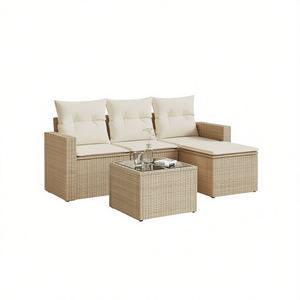 Conjunto de Sofá de Jardín de Ratán Beige de 3 Plazas, Muebles de Exterior con Estructura de Acero y Vidrio Templado, Diseño Contemporáneo - Product Image 1