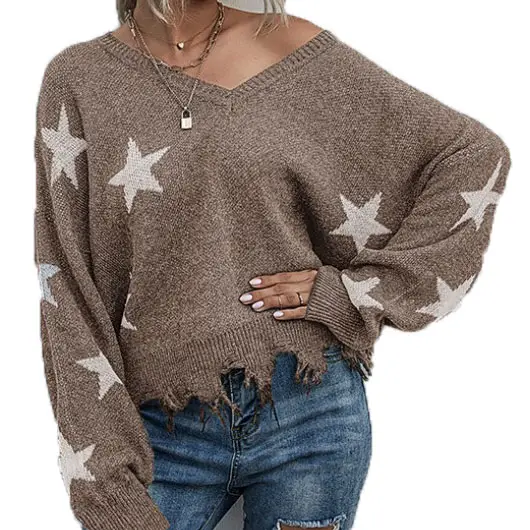 New Design Women Khaki Star Knitted V-neck Long-sleeved Casual Tassel Sweater