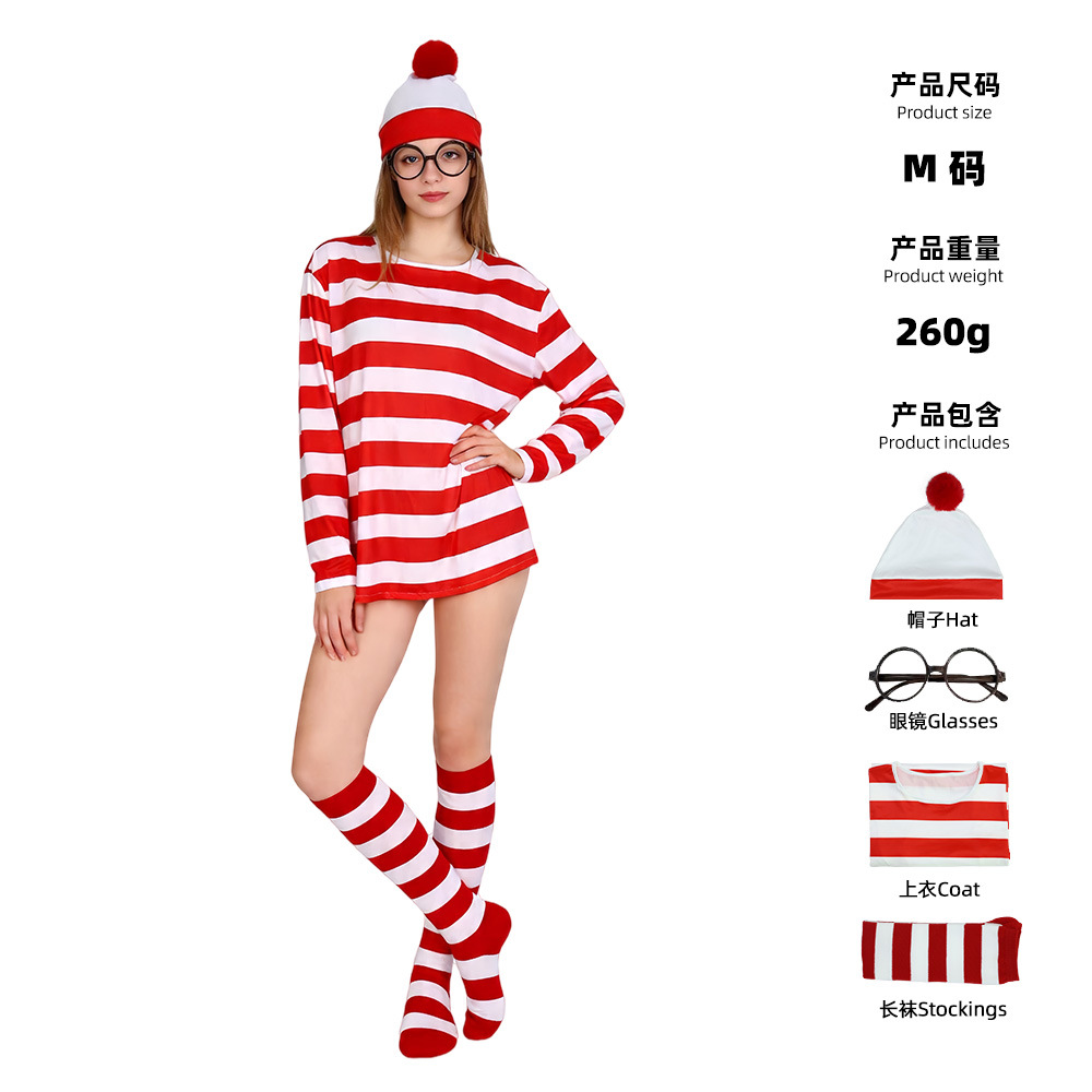 Adult female (top, hat, glasses, red striped socks)