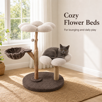 Arbre à chat en bois massif et lin avec plateformes en peluche en forme de fleur et poteau à gratter en corde de jute pour chats