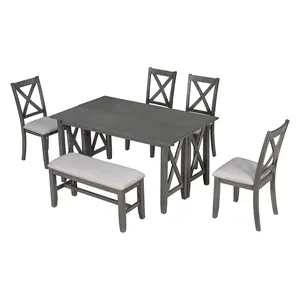 Бесплатная доставка, семейный набор для столовой, 6 предметов, мебель для дома, деревянный современный обеденный стол, 1 стол + 4 стула + 1 скамейка из мешковины