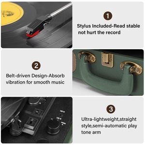 Tourne-disque vinyle rétro 3 vitesses, lecteur de disques Bluetooth, transmission par courroie, boîte à musique portable sans fil, idée cadeau d'anniversaire créative - Product Image 6