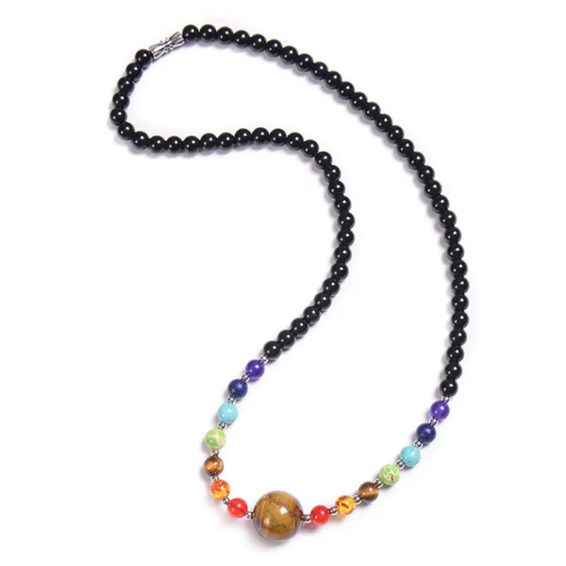 Wholesales Natural Chakra 6mm Beaded Stone Tiger Eye Charm Black Rope Braided Adjustable Necklace