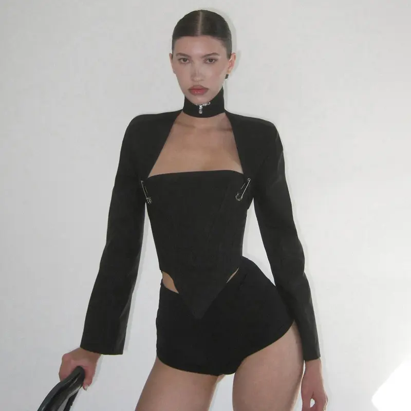 Yeni stil düzensiz kişilik bel kırpma dantel up kısa siyah takım elbise backless ceket kadınlar için