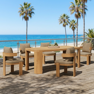 Table de salle à manger d'extérieur moderne en teck massif avec chaises rembourrées, finition naturelle, meubles durables pour jardin, patio, terrasse - Product Image 1