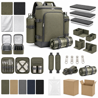 Sac à dos isotherme pour pique-nique en toile vert armée avec couverture et deux porte-bouteilles pour le camping, les activités de plein air et la famille