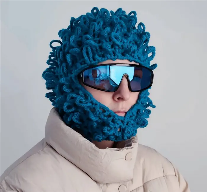 SZ532 Winter Handmade Distressed Mask Unisex One Hole Balaclava Ski Mask Mens Crochet Ocean Blue Helmet Hat Grassy Balaclava