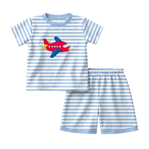Pyjama d'été pour garçons Puresun à rayures imprimées, manches courtes, appliqué, 100% coton biologique, pyjama 2 pièces personnalisé pour garçons - Product Image 2