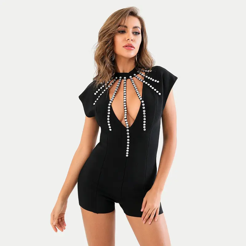 C2447 2024 New Design Black O Neck Short Sleeve Diamonds Hollow Out Jumpsuit Women Birthday Outfit Rompers For Women