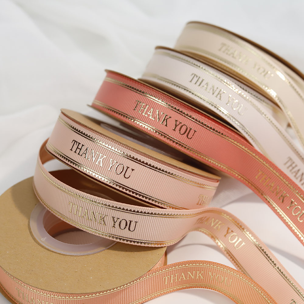 Customized Shiny Embossed Gold logo 25mm Thank You on Grosgrain Ribbon Printing Gift Ribbon with Brand Name
