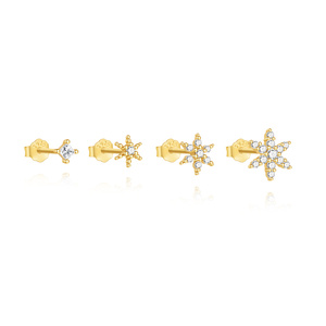 Ensemble de 4 boucles d'oreilles en argent sterling S925 plaqué or, étoile hexagramme classique avec CZ, bijoux minimalistes superposés pour femmes - Product Image 1