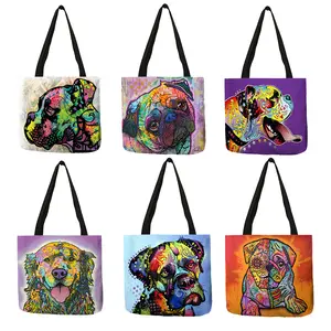 Bolso de compras reutilizable de lino con estampado de bulldog Terrier para mujer, bolsa de tela personalizada con estampado de pintura al óleo