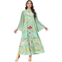 Robe Abaya Modeste Vintage en Polyester Respirant pour Femme, avec Paillettes, Pompons et Motifs Floraux, Longueur Ras du Sol, Vêtement de Mariage Tendance