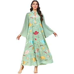 Robe Abaya Modeste Vintage en Polyester Respirant pour Femme, avec Paillettes, Pompons et Motifs Floraux, Longueur Ras du Sol, Vêtement de Mariage Tendance - Product Image 1