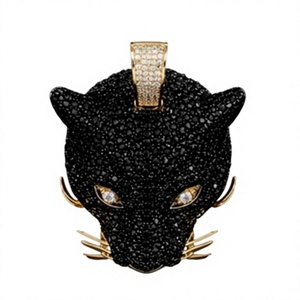 Pendentif Tête de Chat en Onyx Micro-Pavé Moissanite, Argent 925 Plaqué Rhodium, Breloque Hip Hop Sertie Griffe pour Chaînes de Fête et Bijoux - Product Image 2
