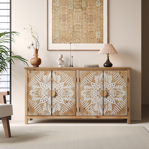 Mobiletto con accenti in legno, 60 pollici, 4 ante, marrone bianco antico, credenza moderna, mobiletto per TV/lettore multimediale - Product Image 1