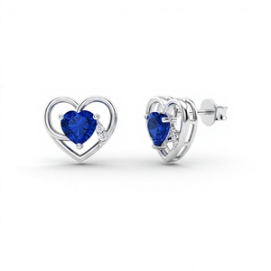 18K 14K Gold Plated <b>Blue</b> Sapphire <b>Stud</b> <b>Earrings</b> Heart Shaped Gemstone <b>Earrings</b> Round Diamond Heart <b>Studs</b> Fine Jewelry Women - Product Image 2