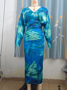 2025 femmes imprimer Maxi robe à manches longues col en v taille haute dame élégante froncé robe de soirée femmes Sexy robe mince - Product Image 6