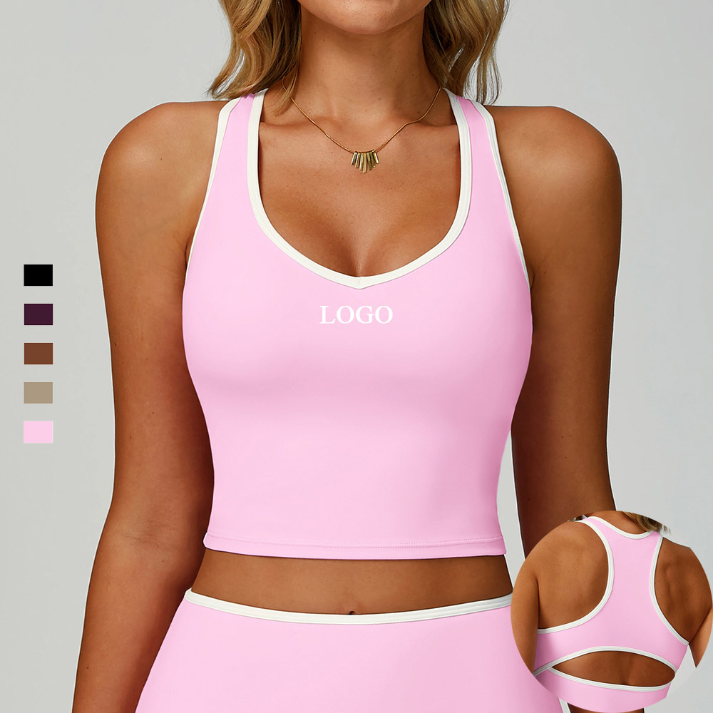 Custom Color Contrast Brushed Racerback Stretchy Gym Fitness Crop Tops Sports Bra Breathable Built in Bra Workout Yoga Tank Tops