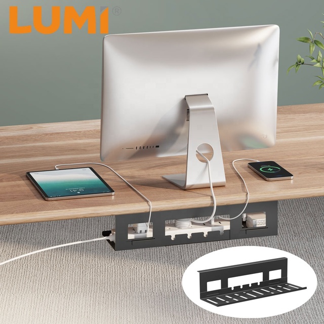 LUMI Under Desk Cable Management Tray Black White Cable Organizer Box Hider for Standing Desk