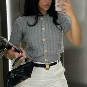 เสื้อคาร์ดิแกนถักลายเคเบิ้ลกระดุมเดี่ยวสำหรับผู้หญิงแฟชั่นเสื้อแขนสั้น - Product Image 1