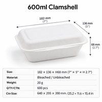 Boîte à lunch 100% biodégradable en pulpe de bagasse, conteneur alimentaire jetable en canne à sucre 600ml