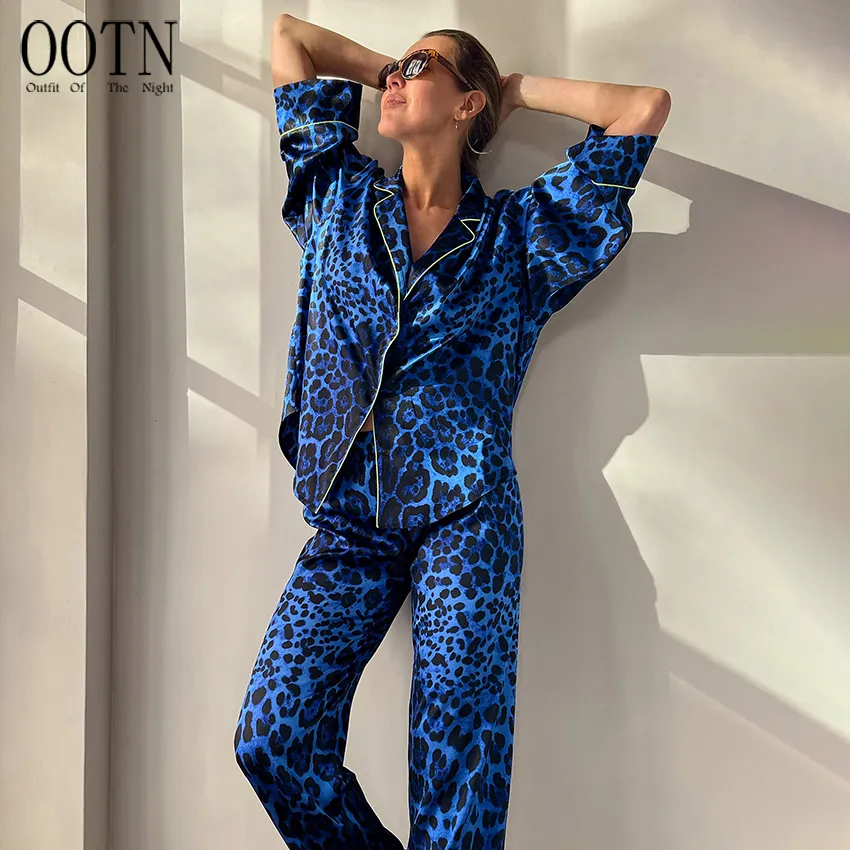 OOTN Fashion 2023 Three Quarter Sleeve Pajama Set Leopard Print Satin Sleepwear womens pajama sets 2 piece custom logo